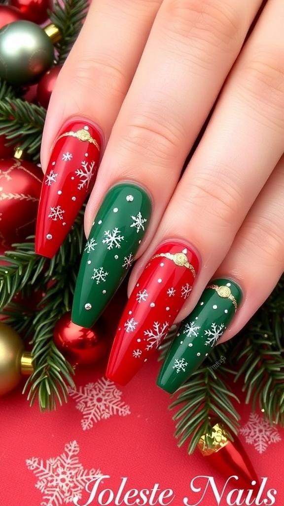Elegant coffin-shaped Christmas nails with red, green, and glitter designs on a festive background.
